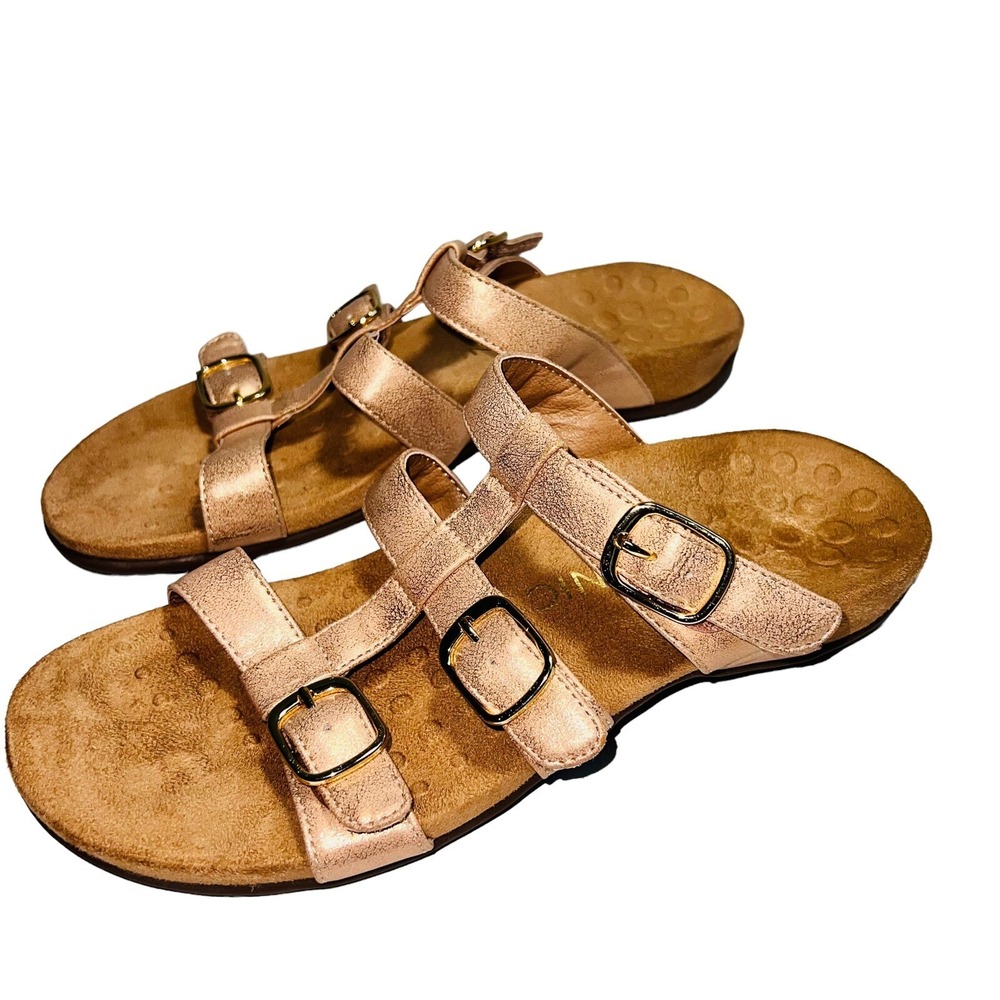 Vionic Misa Rose Gold Metallic Leather Strappy Slide Sandals Womens 10